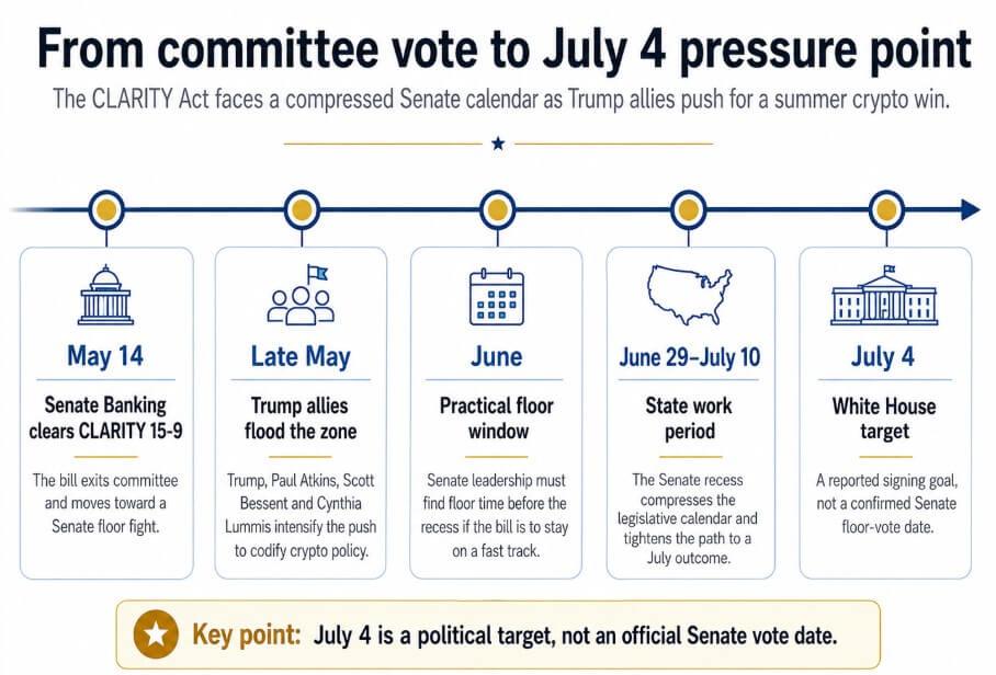 Trump’s crypto push hits the Senate vote math behind CLARITY Act’s July 4 target